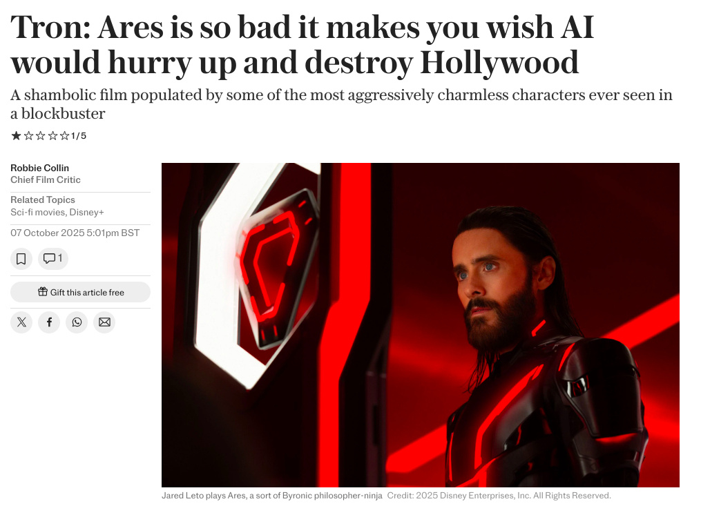 《创：战神》媒体口碑扑街 烂到希望AI毁灭好莱坞