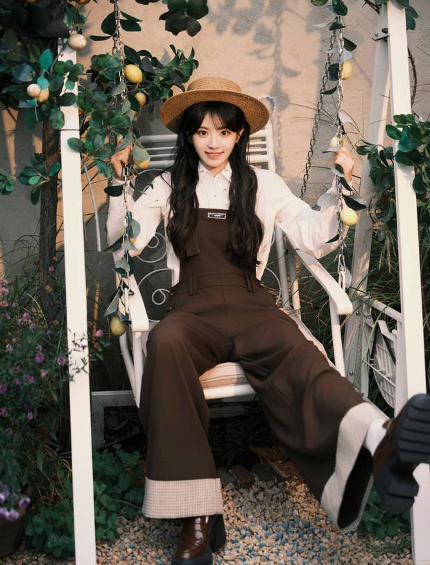 田曦薇坐秋千，童趣满满。